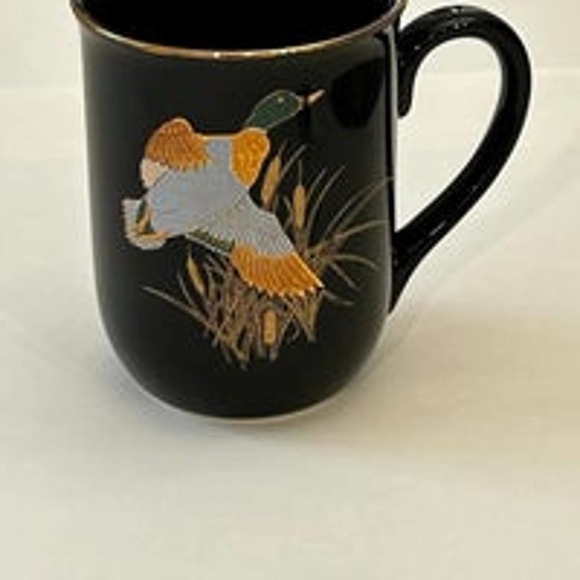 Vintage Otagiri Mallard Duck~Gloss Black Gold Gilt Waterfowl Coffee Cup Mug - Picture 1 of 9
